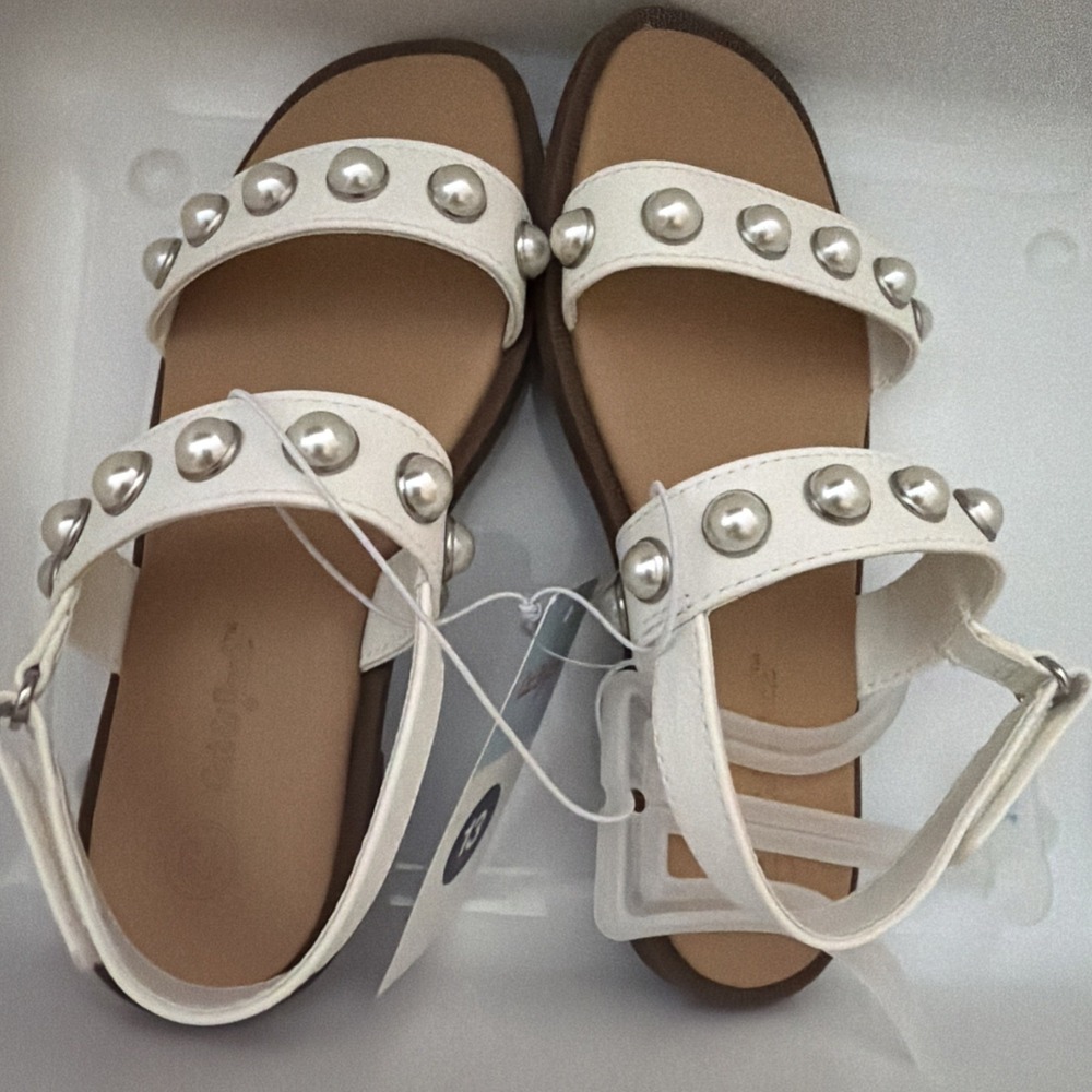 Cat & Jack Eve White Studded Sandals Girls Size 13 Buckle Closure Flat Heel